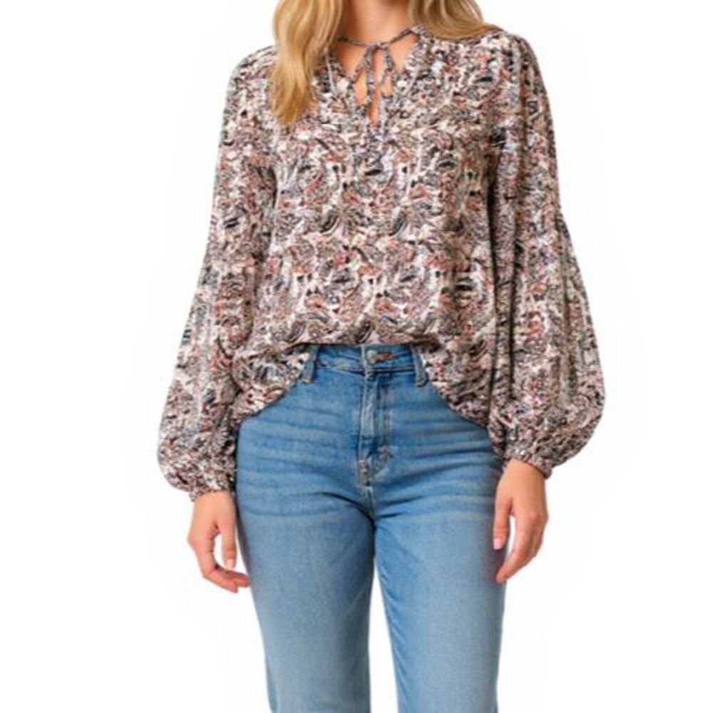 NEW Molly Bracken Long Sleeve Paisley Peasant Crinkle Top Women Small Bohemian